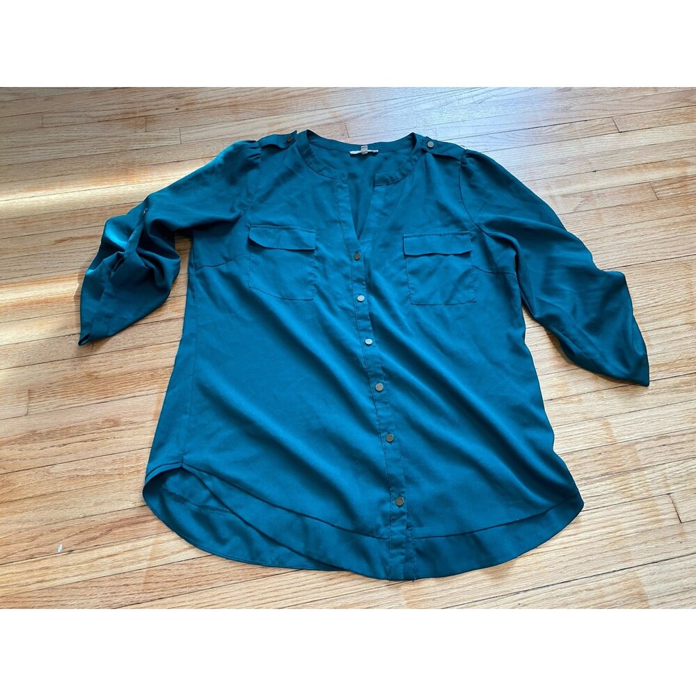 41 Hawthorn Women L Button Up Blouse Green Double Pocket Front 3/4 Sleeve